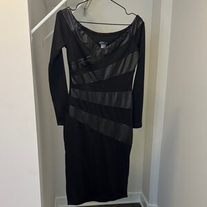 VENUS Black Midi Dress with Leather Stripes